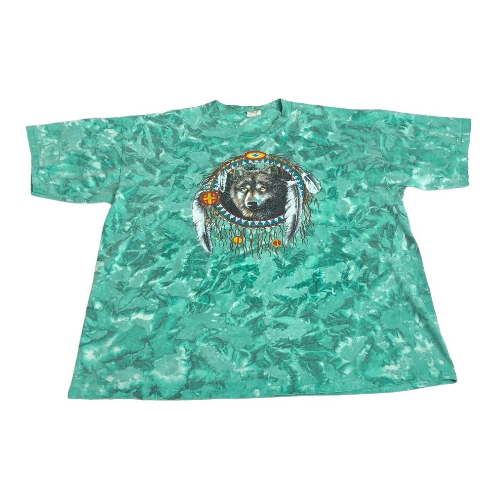 Vintage 90s Johnnys Wolf Shirt Mens 2X Green Tie Dye Dreamcatcher Grunge USA